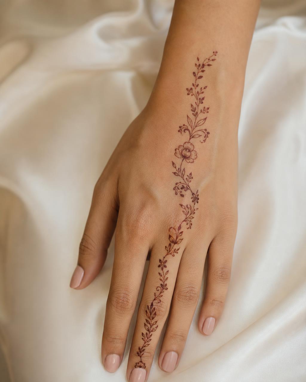 Minimal fine-line mehndi with a delicate floral vine from wrist to middle finger on ivory silk