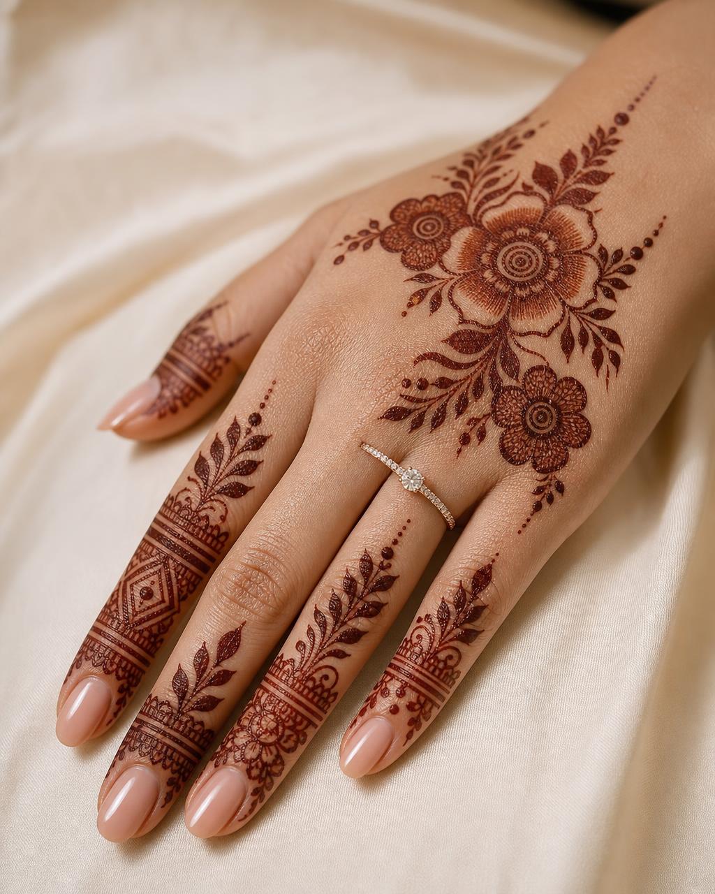 Engagement Mehndi henna design by Cone & Curls