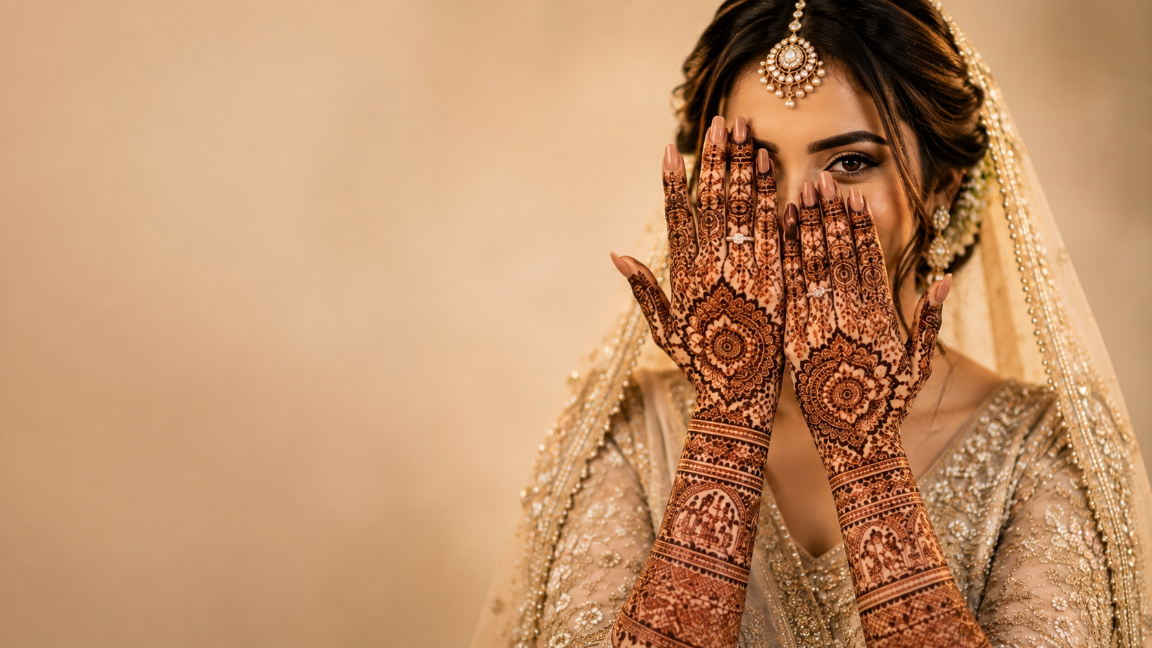 Close-up of an Indian bride's hands and forearms covered in intricate bridal mehndi with a rich dark stain