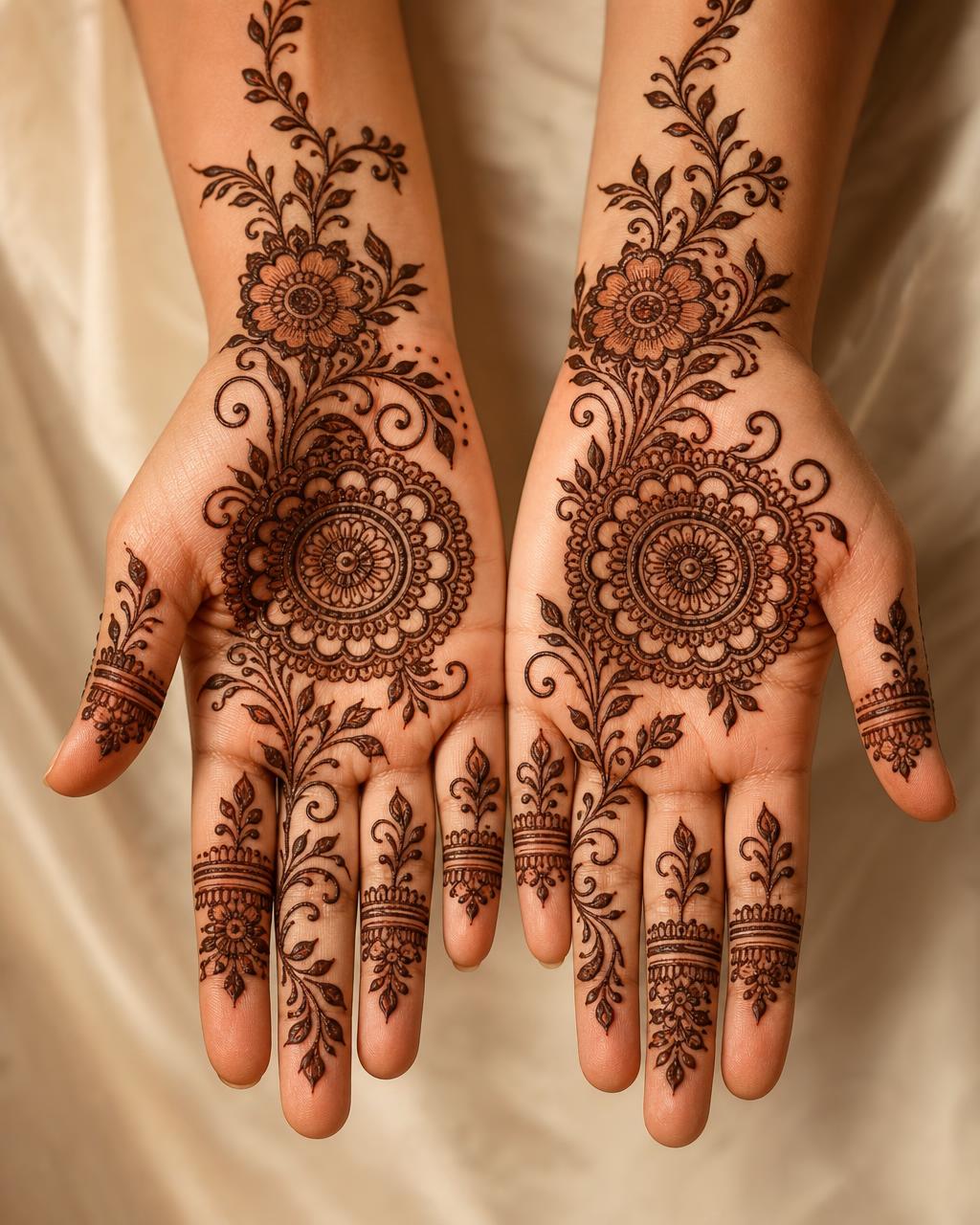 Indo-Arabic fusion mehndi with central mandalas and floral vines across both hands