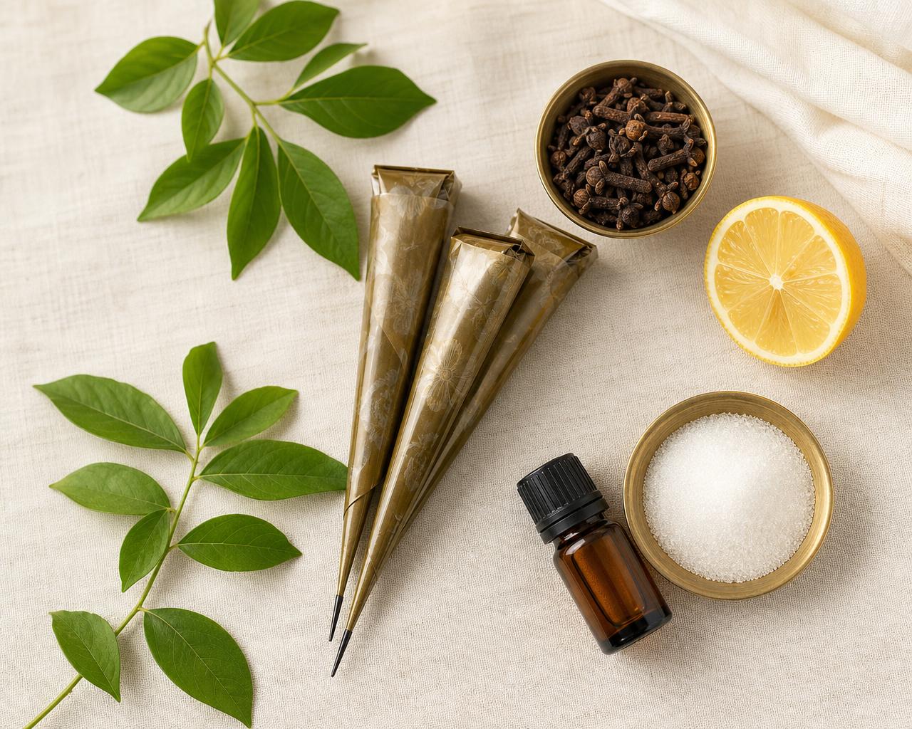 Handmade henna cones, natural henna powder and a mehndi-decorated hand with a dark stain